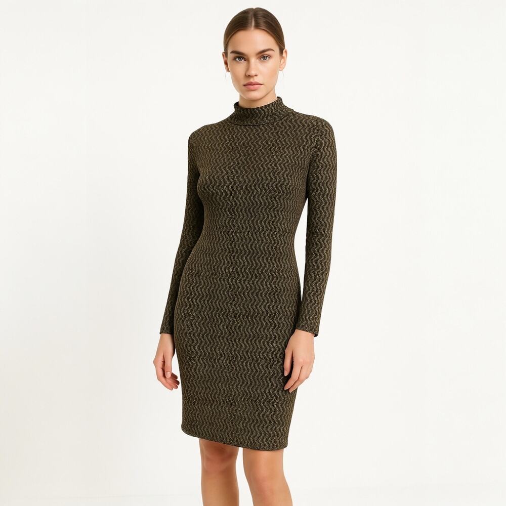 Boohoo Black Gold Metallic Knit Mock Neck Long Sleeve Bodycon Sweater Dress 10